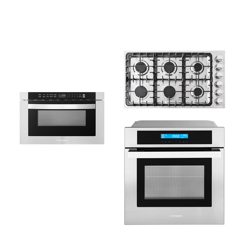 Cosmo 3 Piece Kitchen Appliance Package with 36'' Gas Cooktop , Wall